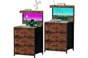 SZLHANJZ Nightstands Set of 2, End Table with LED Light and Charging Station Type C, 3 Drawers Storage Dresser Night Stand with Hooks, Tall Bed Side Table for Bedroom Dorm, Rustic Brown