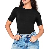 BAMBOO COOL Women's Seamless Tight T-Shirts Slim Fit Basic Ribbed Tees Short Sleeve Crew Neck Top