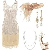 BABEYOND Women’s Flapper Dresses Set 1920s V Neck Beaded Fringed Great Gatsby Dress with Accessories Set