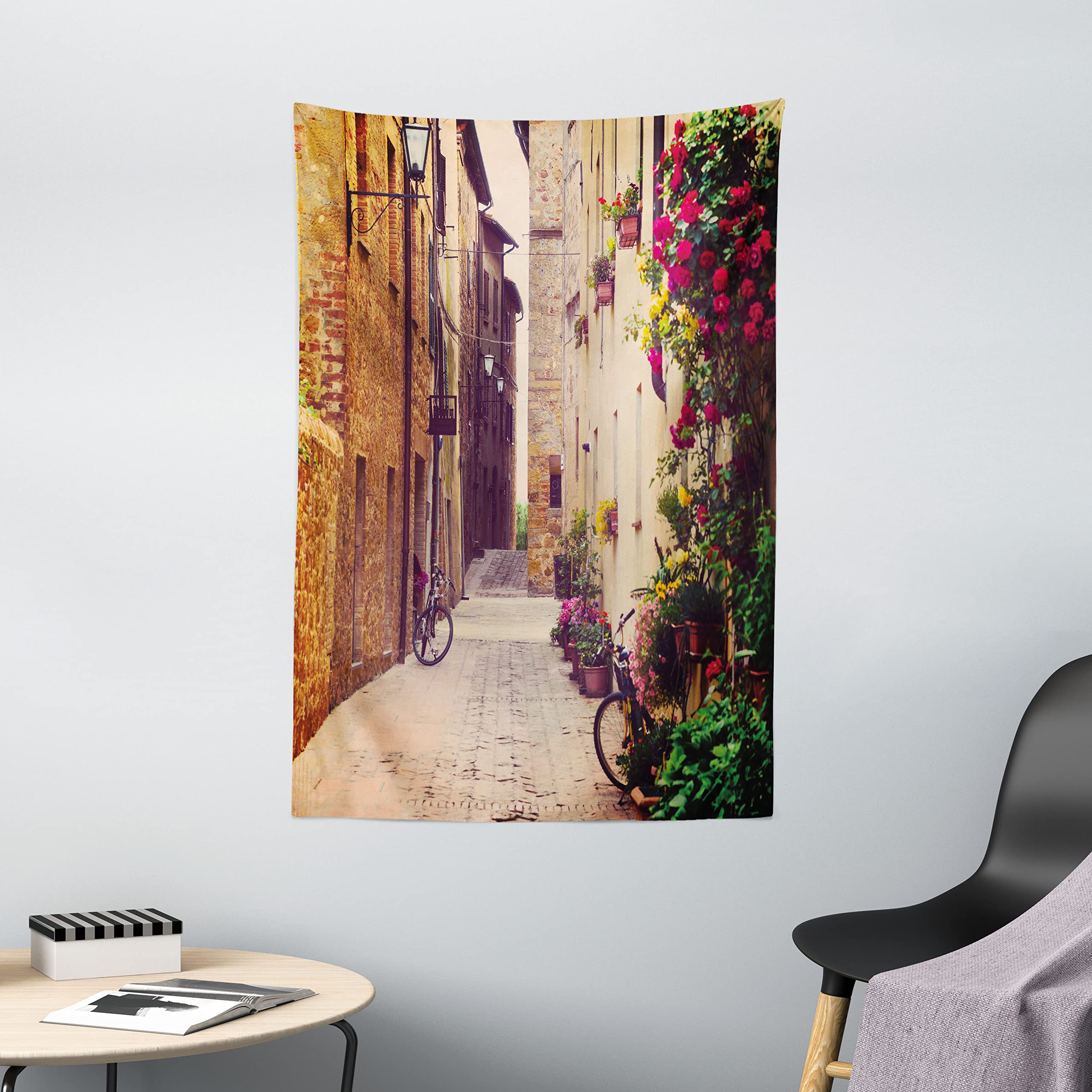 ABAKUHAUS Cityscape Tapestry, Street in Pienza Tuscany Italy with Hanging Basket Plants Flowers Bicycles Picture, Wall Hanging for Bedroom Living Room Dorm, 40 W X 60 L, Red Green