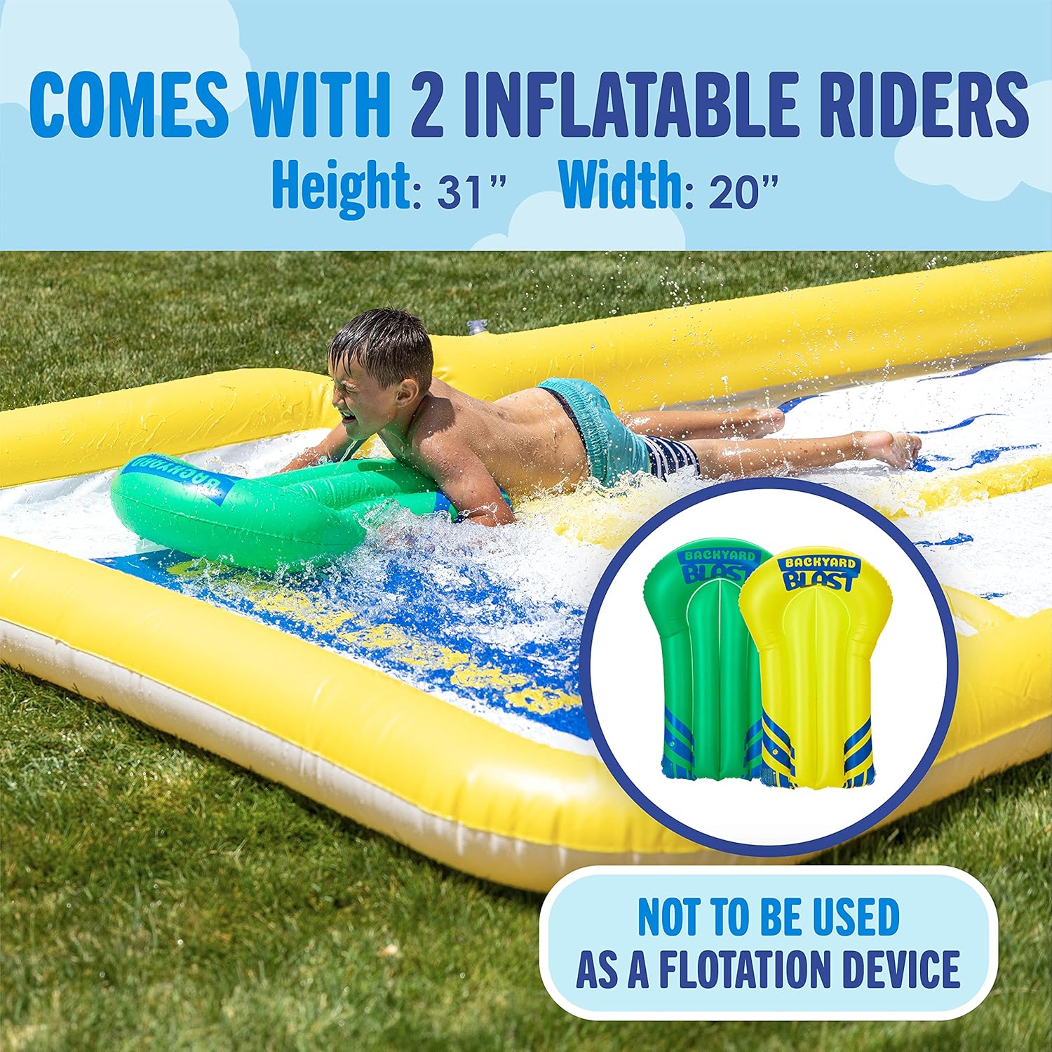 BACKYARD BLAST - 30' Waterslide with Bumpers and Splash Zone, 2 Inflatable Riders and Hand Air Pump - Easy to Setup - Extra Thick to Prevent Rips & Tears: Toys & Games