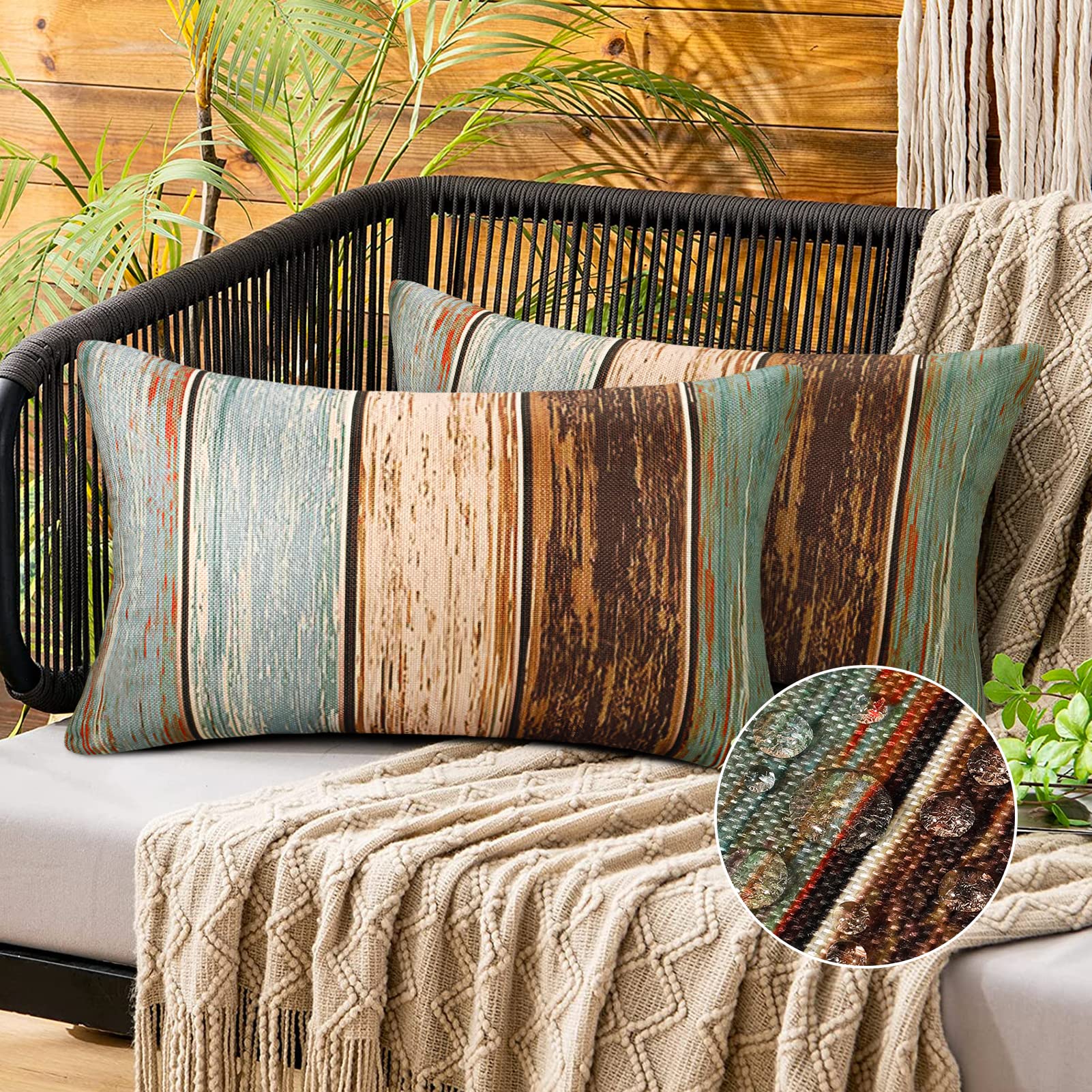 Striped Cushion Covers, Linen Look, 30 x 50 cm, Set of 2, Outdoor Petrol Turquoise Wooden Stripes, Decorative Couch Cushion Cover for Sofa, Patio, Patio, Garden