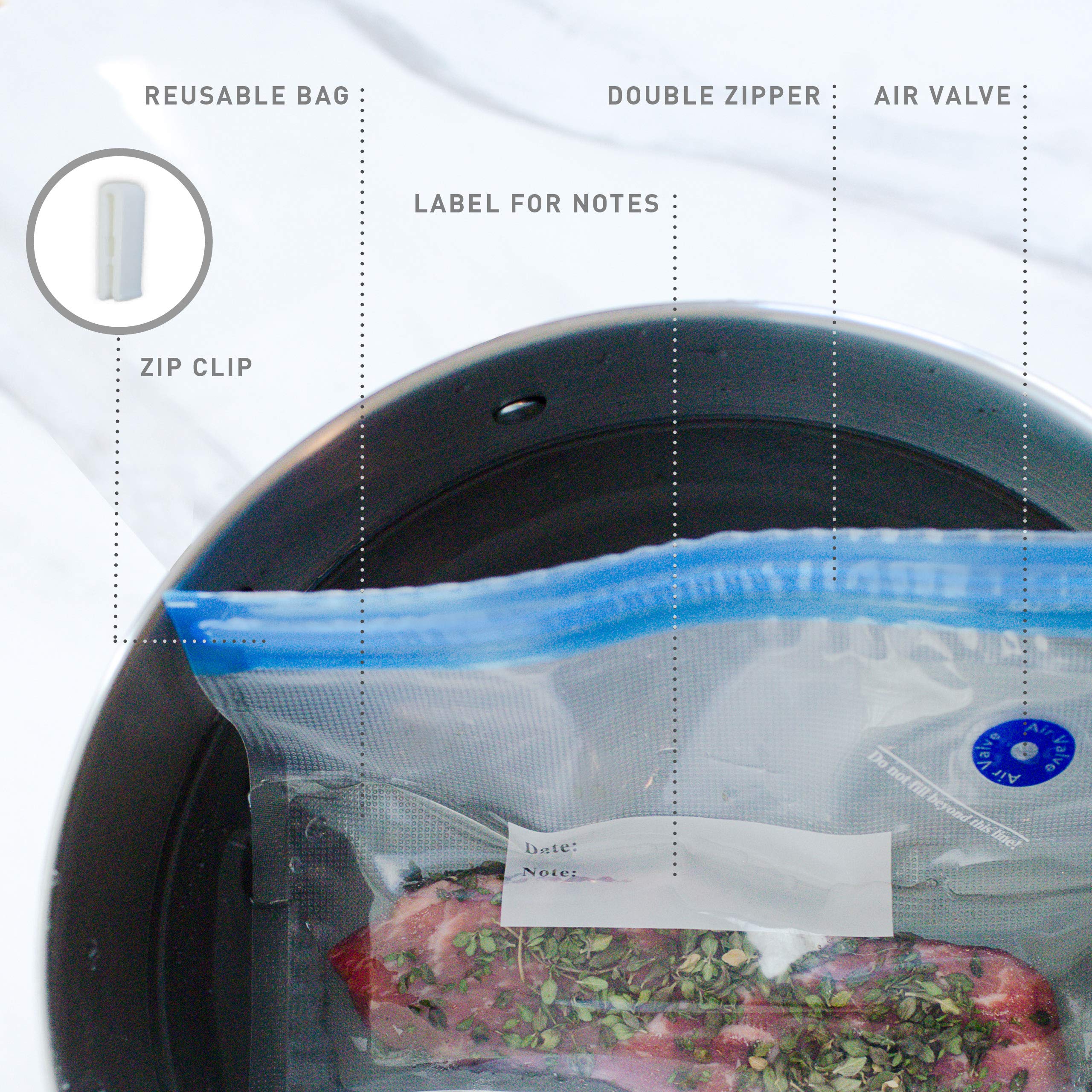 Sous Vide Bags for Joule and Anova Cooker - 20 Pieces Kit with Vacuum Sealer Bags, Hand Pump, Clips - 3 Bag Sizes, Food Storage, Meal Prep - Fits Any Sous Vide Cooking Machine