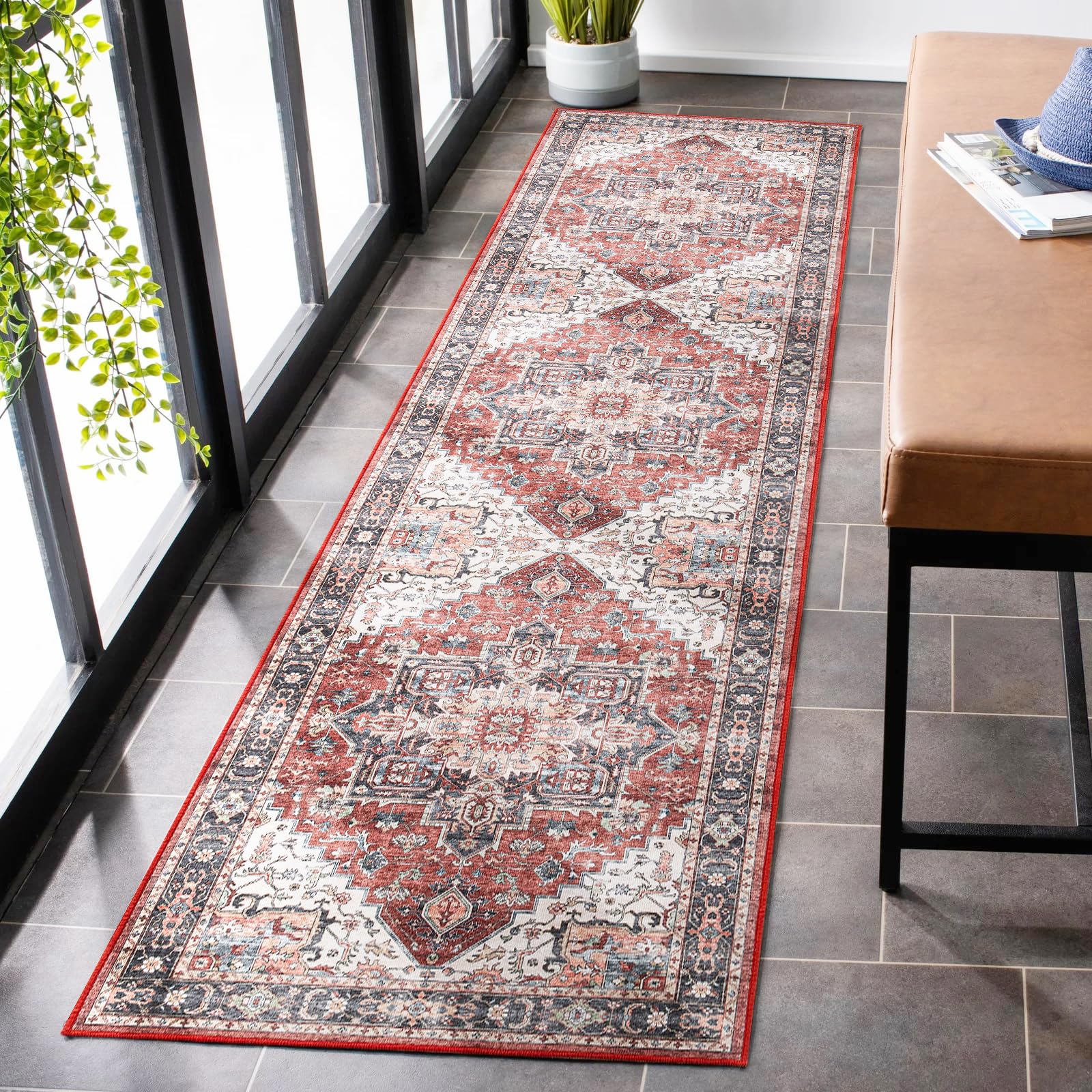 Carvapet Washable Hallway Runner Rug 60x240cm Long Thin Rug Runner Red Area Rug Vintage Medallion Floor Carpet Rugs for Living Room Corridor Kitchen