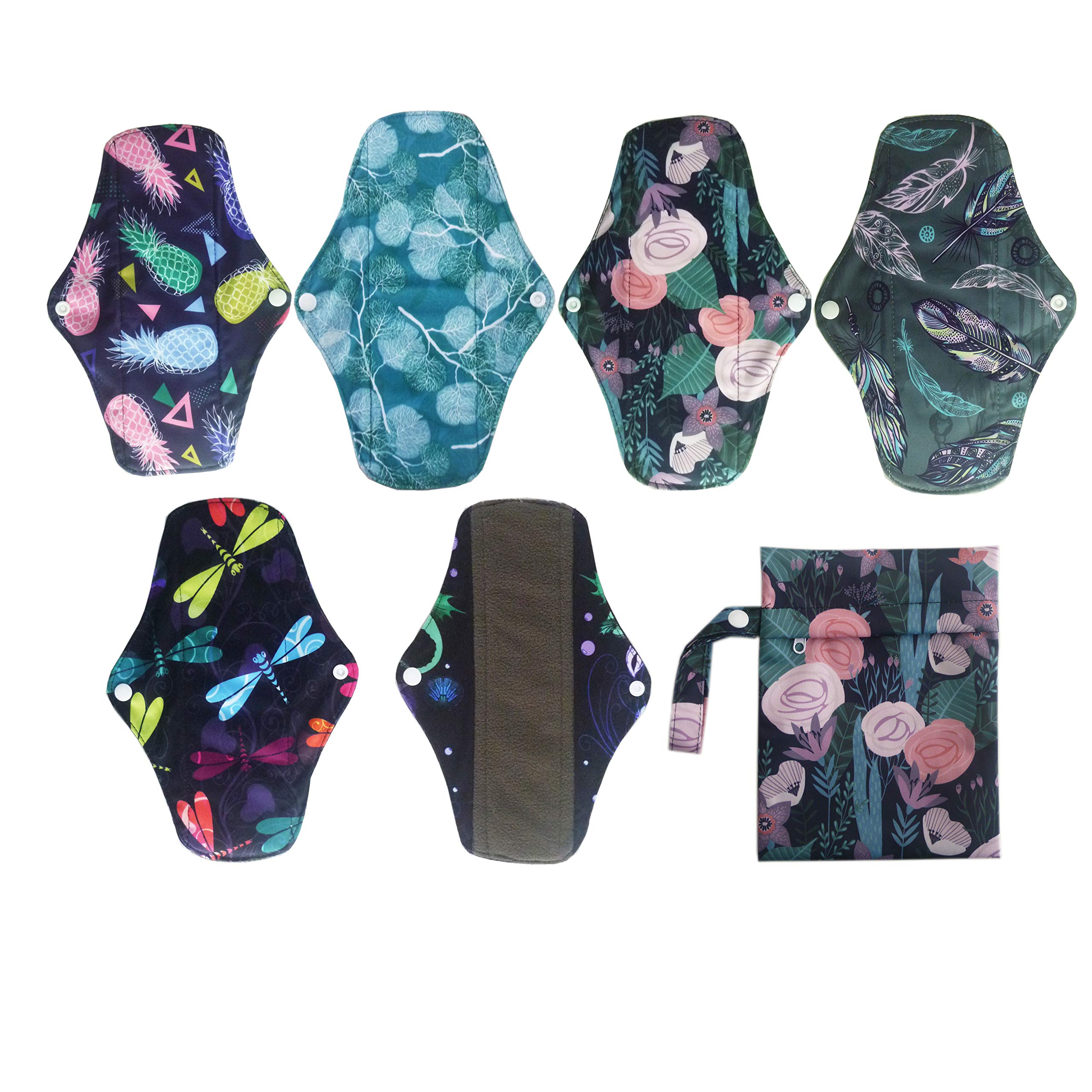 6PCS 10 Inch Charcoal Menstrual Pads Reusable Washable+1 Wet Bag (NMC10-6-01)