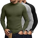 August Alley 3 Pack Men's Mock Turtleneck Sweaters Cotton Long Sleeve Ribbed Pullover Sweater Knit Slim Fit Mock Neck Tshirts