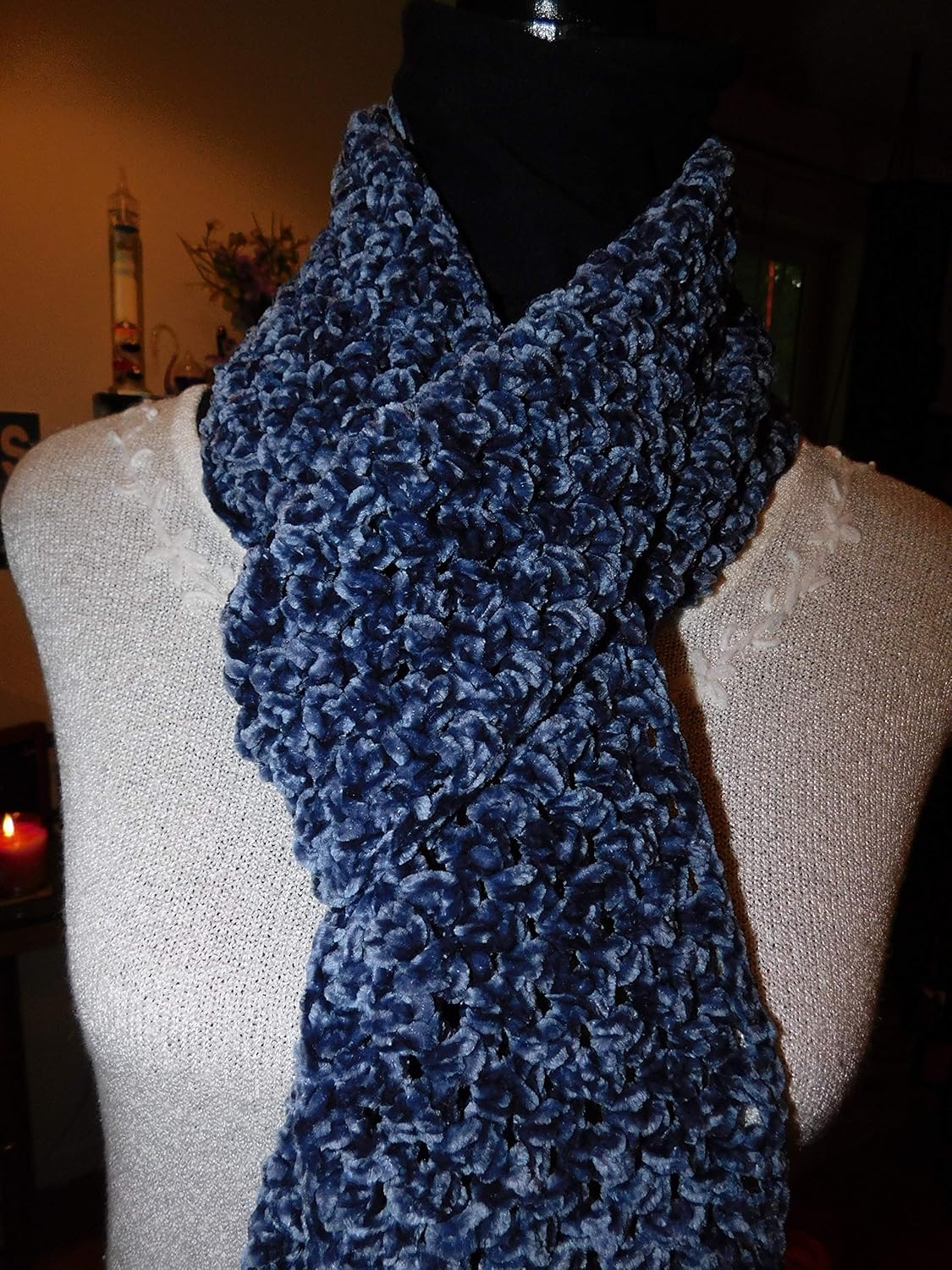 Amazon Com Handmade Crochet Dark Blue Velvet Scarf Handmade