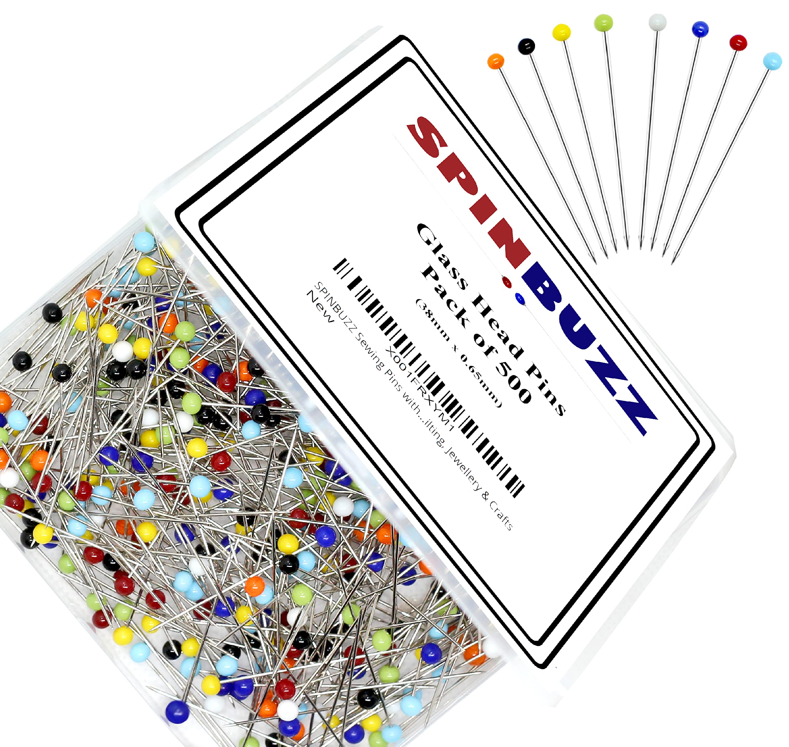 SPINBUZZ Sewing Pins with Glass Heads 500 Pieces - 38 mm Long with 4mm head, Straight for Dressmaking, Quilting, Jewellery & Crafts