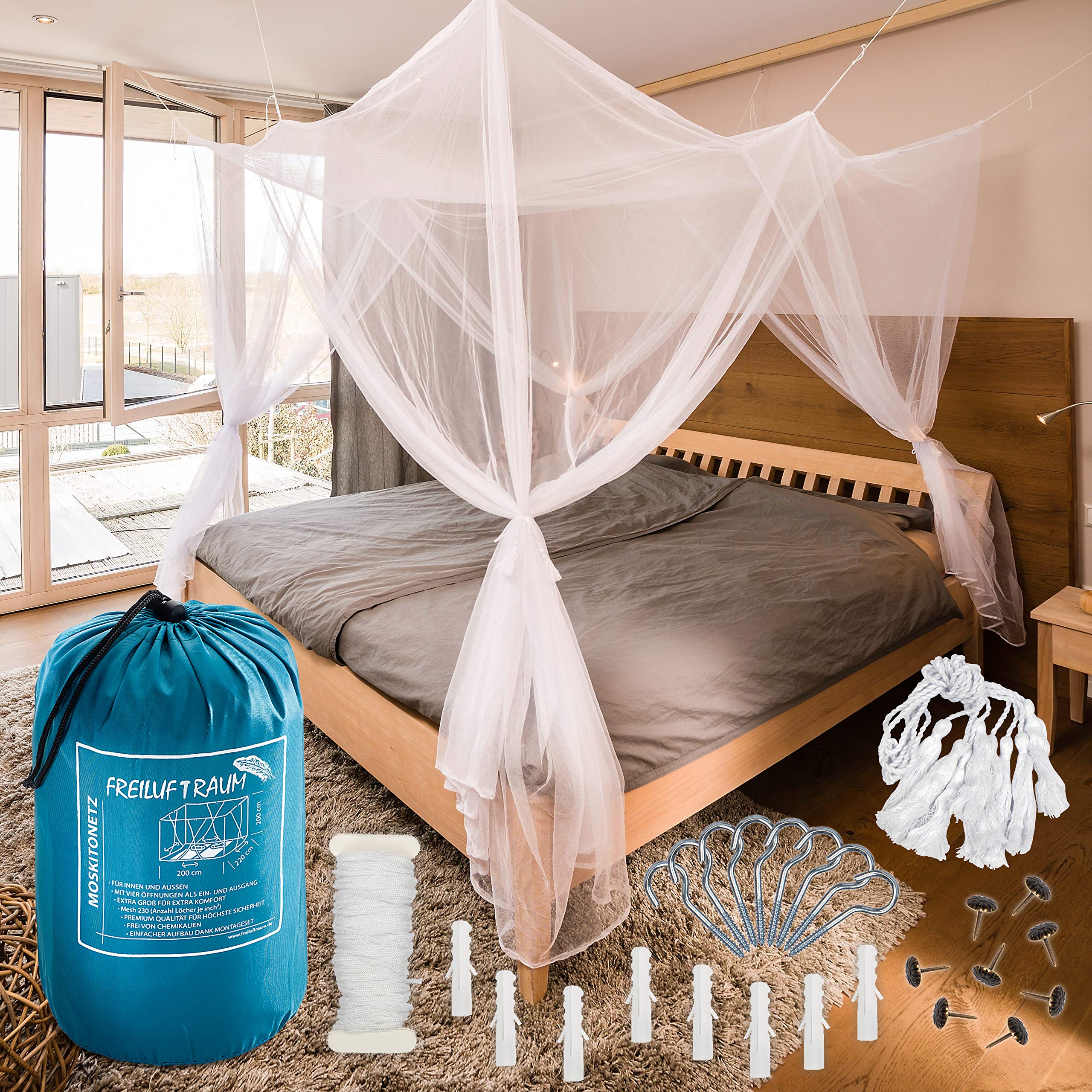 Outdoor space – large mosquito net for double beds, 200 x 220 x 200 cm, Polyester, Weiß mit Vier Öffnungen, Double Bed