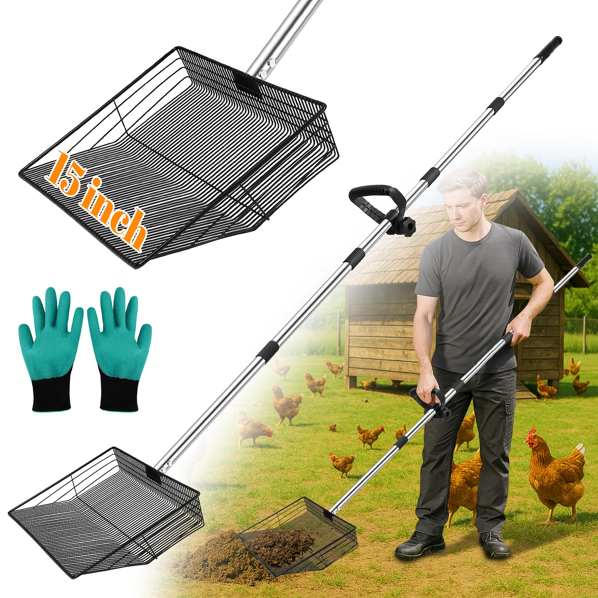 Photo 1 of 15 Inch Extra Large Chicken Poop Scooper, 37" to 76" Long Stainless Steel Chicken Litter Scoop with Handle and Gloves, Sifting Shovel Pooper Rake Waste Cleaning Tool for Chicken Coop Goat Stall Stable