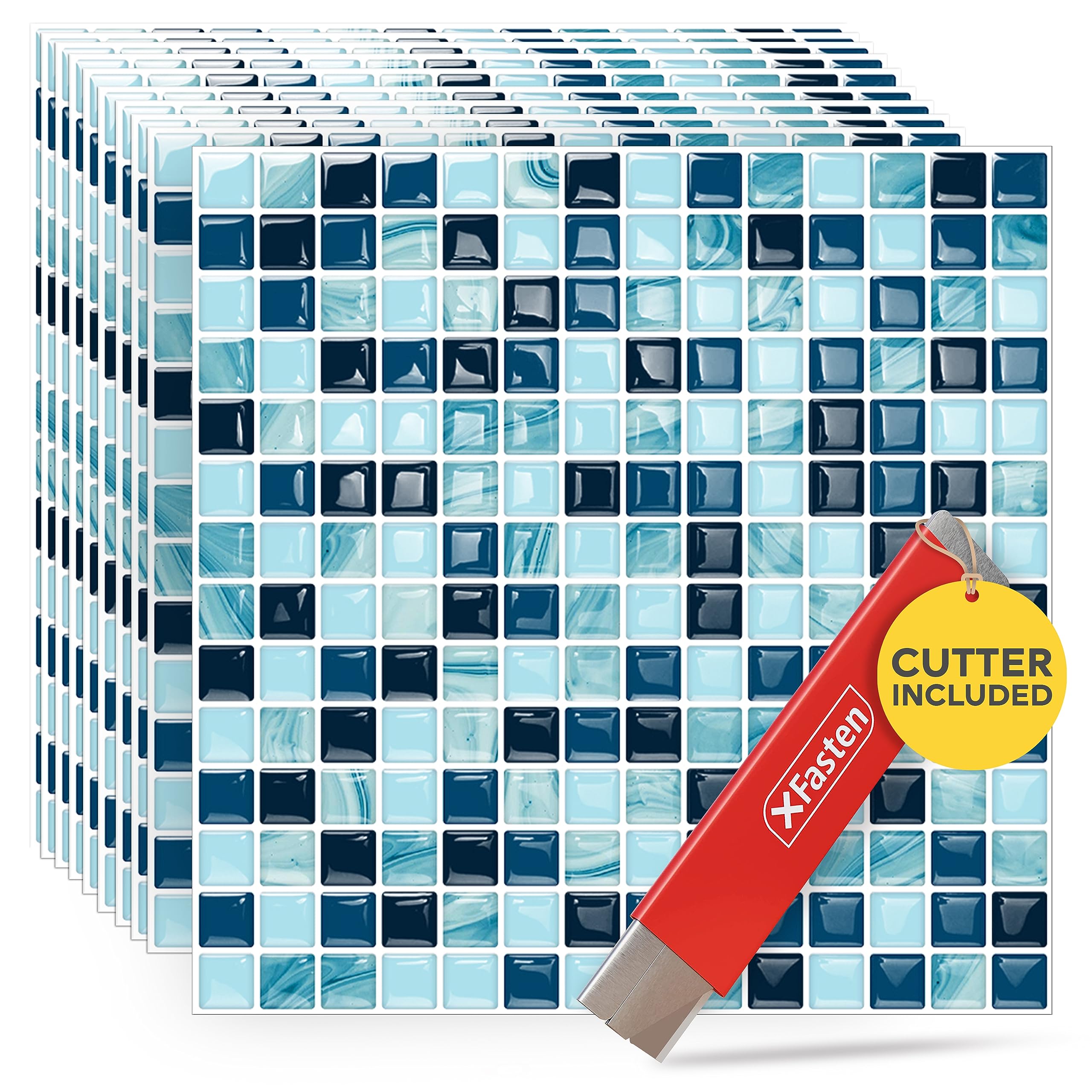 Photo 1 of XFasten Square Peel and Stick Backsplash for Kitchen 10pcs 12” x 12” w/Cutter Blue Black Mosaic Kitchen Backsplash Tile Peel and Stick on Self Adhesive Tile for Bathroom - Fade-Resistant, Extra Thick