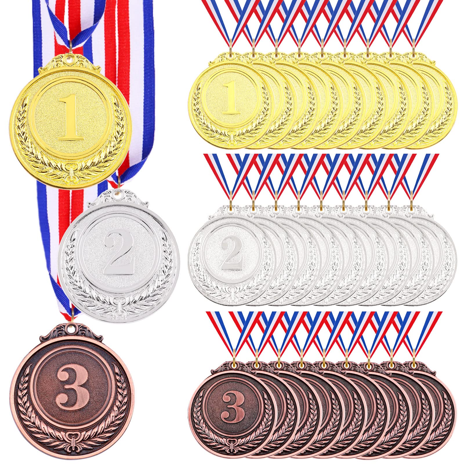 Swpeet Metal Gold Silver Bronze Award Medals with Ribbon, Olympic Style Winner Medals for Kids Children's Events, Classrooms, Office Games and Sports - 1st 2nd 3rd Place (Award Medal Kit-30Pcs)