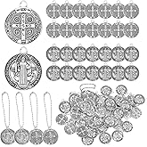 120 Pieces St Benedict Medals Accessory Set, 60Pcs 0.9 x 0.79in Cross Protection Saint Pendant, 60 Pcs Bead Chain, Pocket Prayer Medal Catholic Baptism Charms Religious Amulet Gift