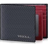 VISOUL Wallet for Men with 2 ID Windows 8 Credit Card Slots 2 Cash Compartments, Carbon Fiber Leather Bifold Mens Wallet with RFID Blocking (Carbon Fiber Black+Burgundy)
