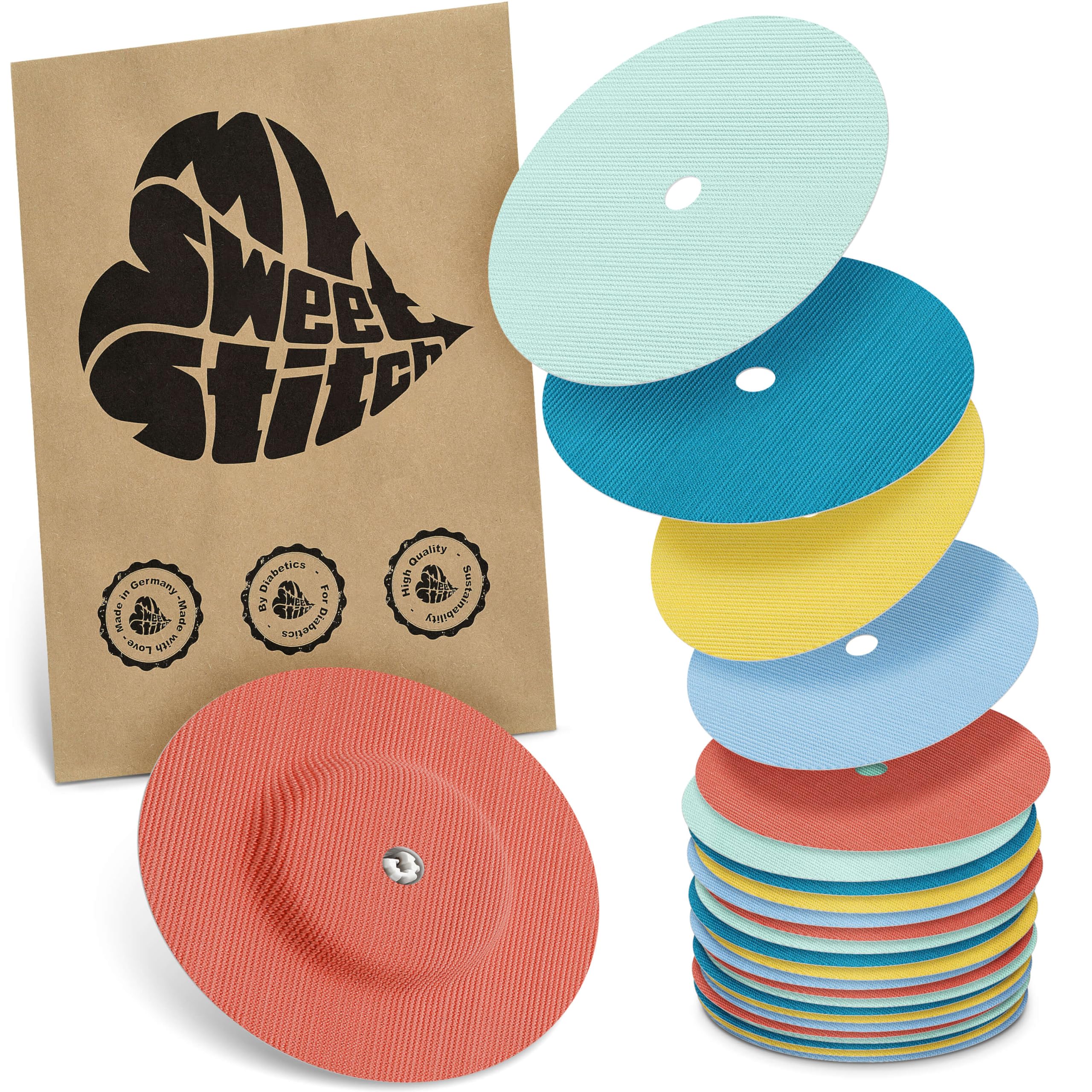 MySweetStitch - 25 x Freestyle Libre 1 & 2 Round Patches with Ventilation Hole, Overpatch Ø 65mm, Waterproof, Breathable, Made in Germany, Pastel