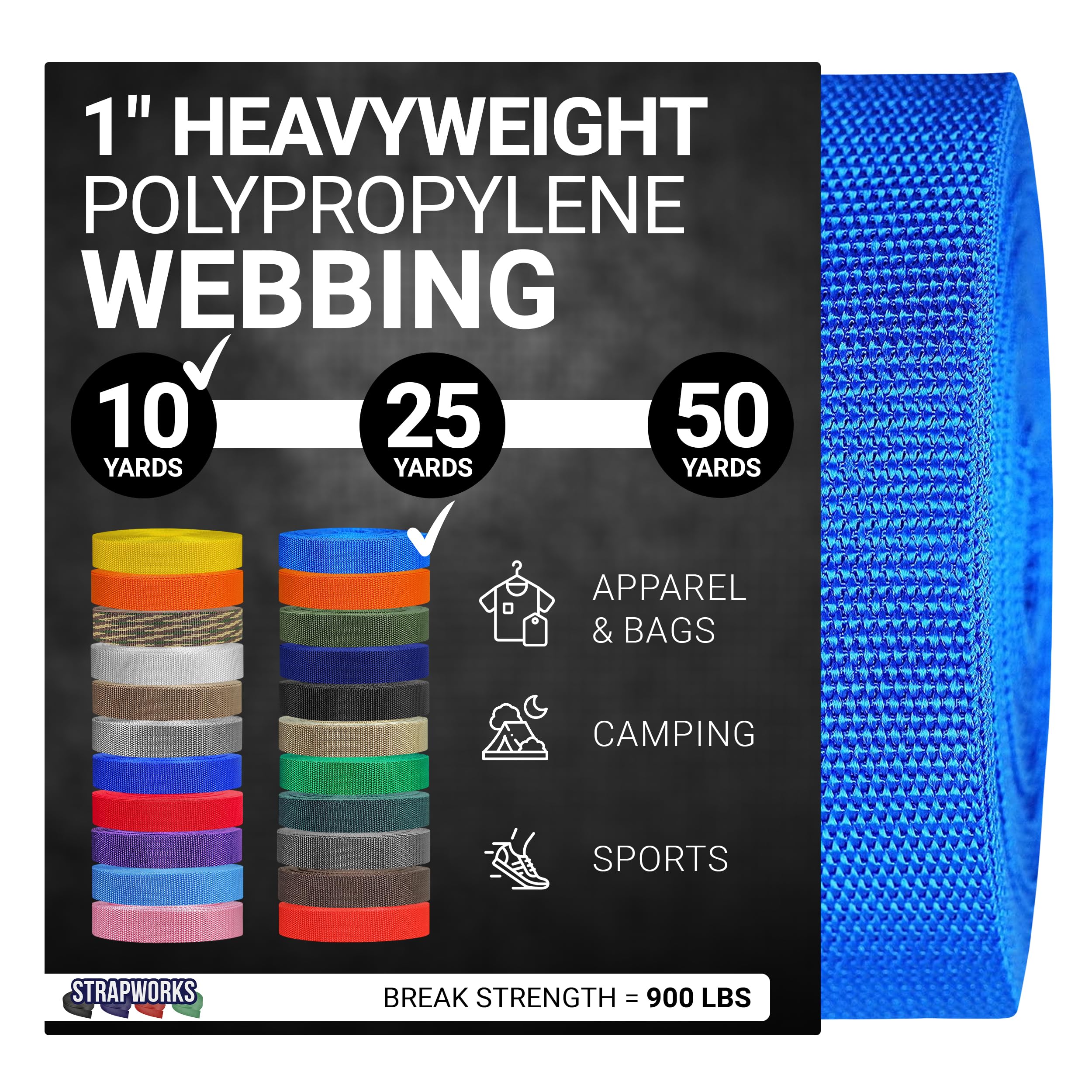 Strapworks Heavyweight Polypropylene Webbing - Heavy Duty Poly Strapping for Outdoor DIY Gear Repair, 1 Inch x 10 Yards - Pacific Blue
