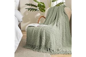 Amélie Home Chunky Fluffy Knit Throw Blanket, Mulberry Textured Woven Throw Blanket with Handmade Tassels Luxury Home Decor for Couch Sofa Bed, Sage Green, 50x60