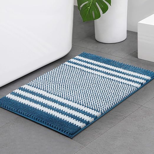 Amazon Com Bsicpro Chenille Bath Rug For Bathroom Shaggy Mat Shower Mats 32 X 21inch Super Non Slip Water Absorbent Carpet Stripe Pattern Plush Rugs For Tub Shower Bath Room Royal Blue Kitchen