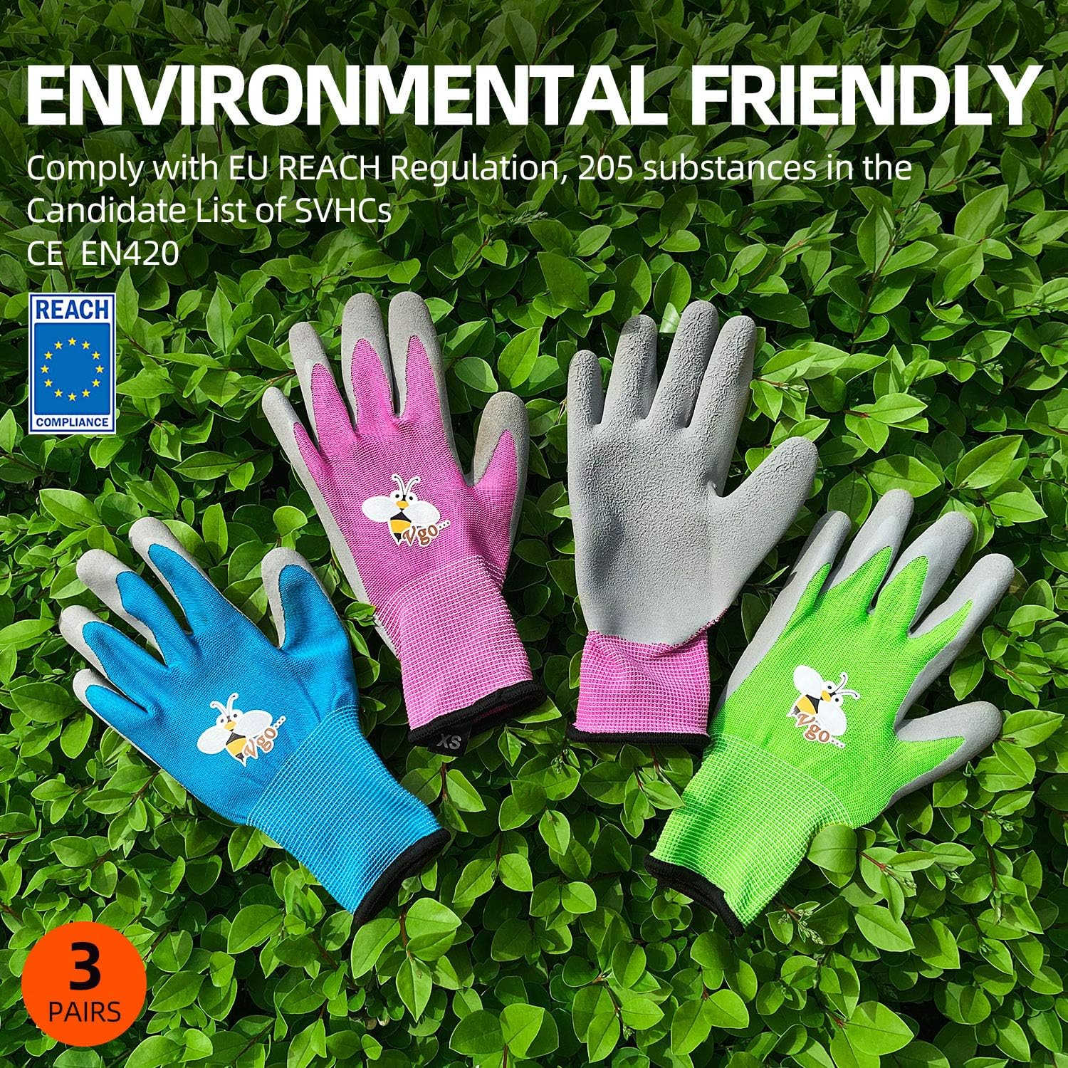 Vgo 3-Pairs Age 5-7 Kids Latex Gardening Gloves Work Gloves (XXS, KID-RB6013): Home Improvement