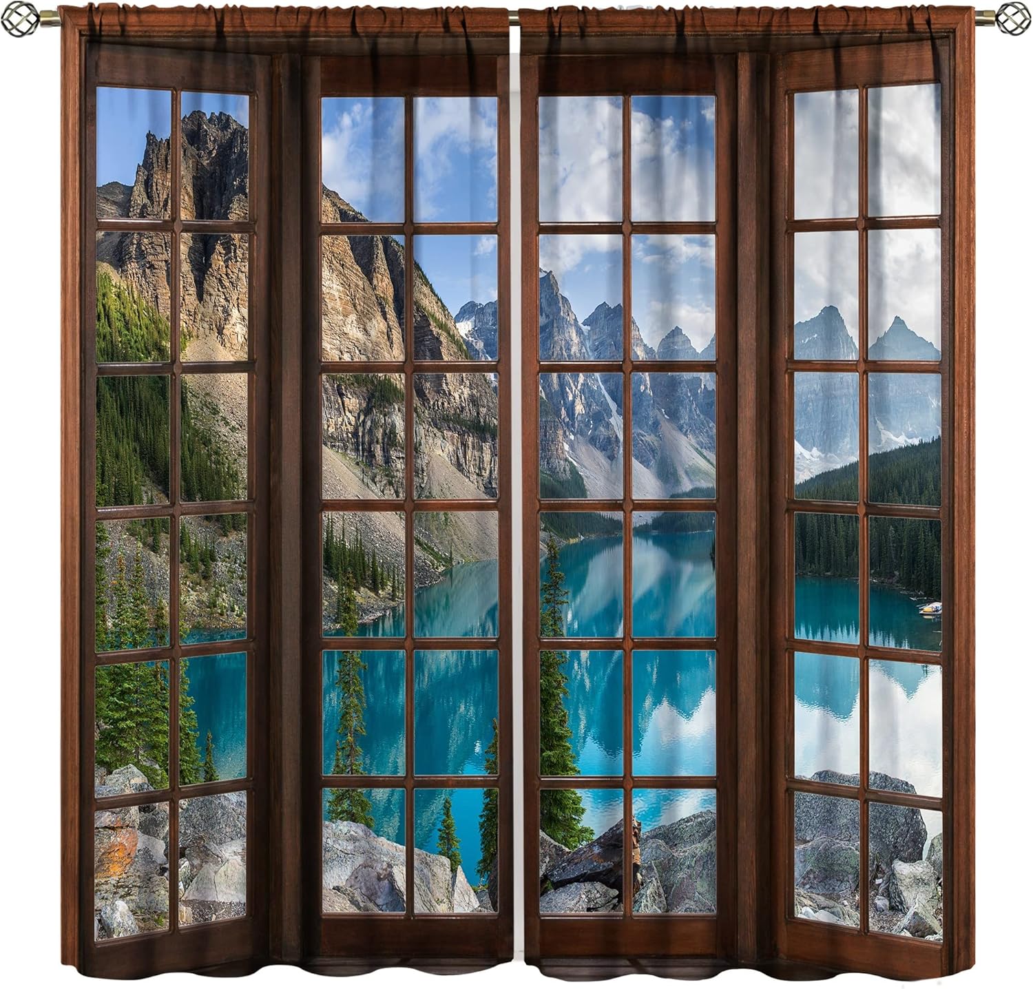 Outdoor Curtains - Forest Lake Curtains,Spring Mountain Lake Trees Season Natural Landscape Scenery,Rural Farmhouse Wooden Window Family Bedroom Living Room Curtains 63x72in