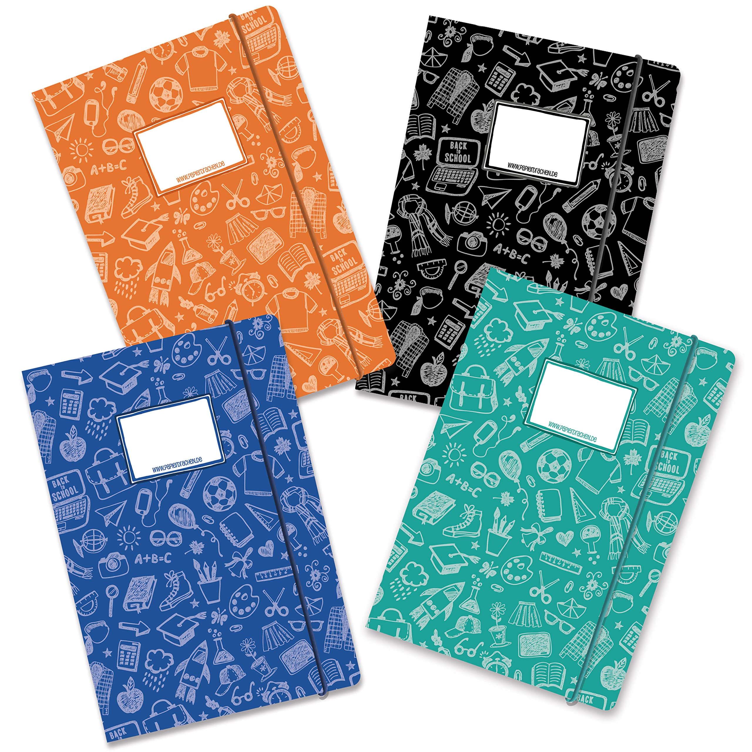Papierdrachen 4 High-Quality Plastic-Free School Folders with Elastic Band in DIN A4 | Scribble Motif - Post Folder for Students - File Folder - Set Number 11