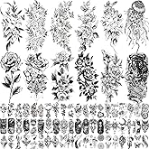 82 Sheets 3D Flowers Temporary Tattoos for Women Adult, Including 12 Sheets Large Fake Tattoos That Look Real and Last Long, Waterproof Rose Moon Butterfly Tiger Snake and Flowers Tattoos