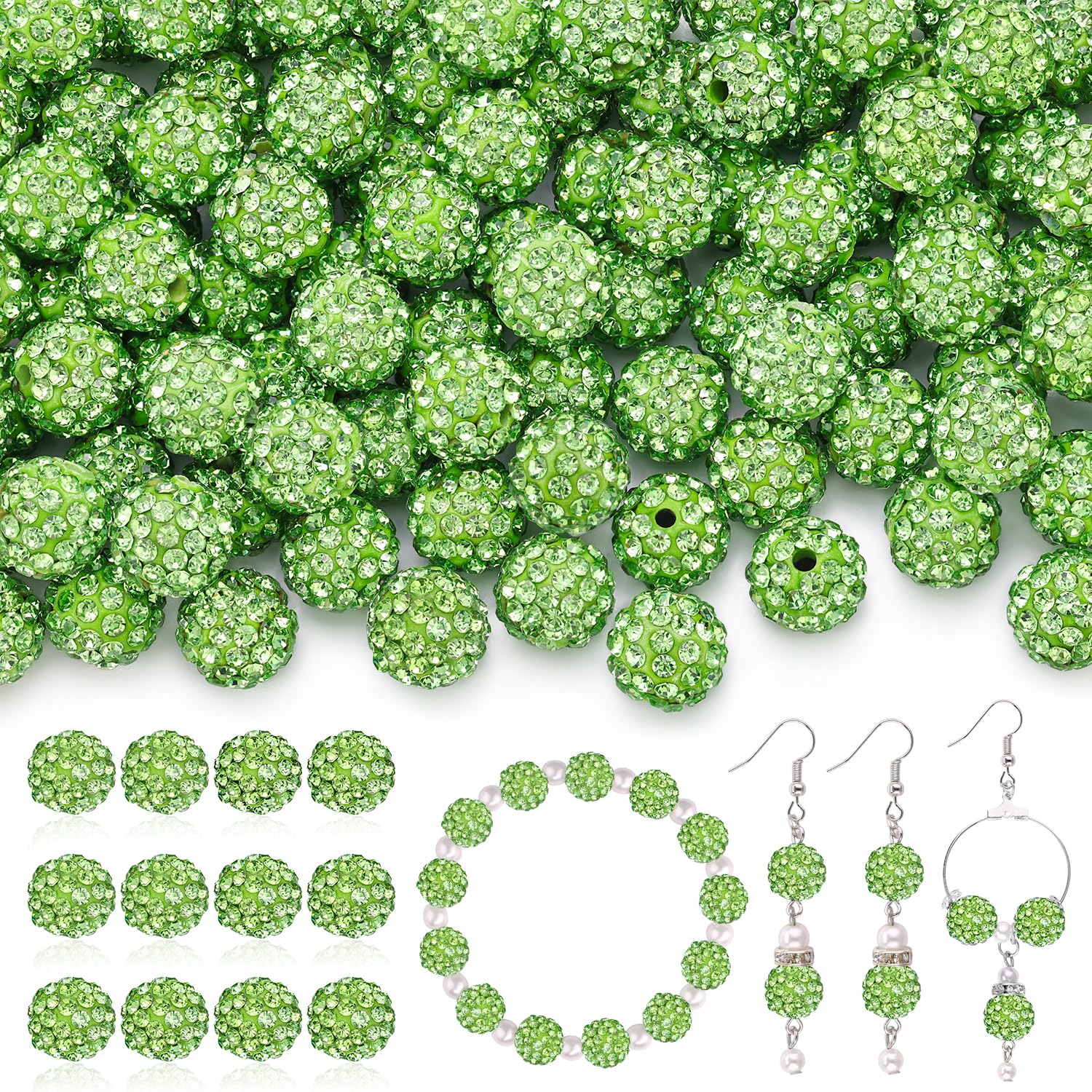 Photo 1 of  10mm Rhinestone Beads for Jewelry Making, Light Green Shiny Round Shamballa Disco Ball Beads, Sparkle Crystal Clay Christmas for Bracelet Baseball Necklace Earring Crafting and DIY