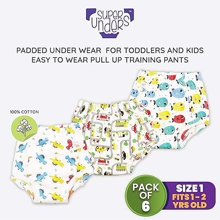 Superbottoms SuperUnders- 100% cotton, padded, semi waterproof, pull up underwear/potty training pants- Pack of 6 (SIZE 1)