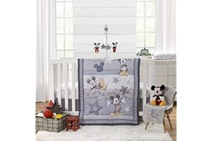 NOJO Disney Mighty Mickey Mouse Grey, White and Blue Stars, Stripes and Icons 3 Piece Nursery Crib Bedding Set - Comforter, Fitted Crib Sheet and Crib Skirt