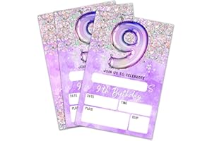 AKTFV 9Th Birthday Invitation Cards, Holographic Balloons Double-Sided Fill In Style Birthday Invites With Envelopes, Glitter Purple 9 Years Old Invitations For Girls, Teen, Party Favor & Supplies - A16