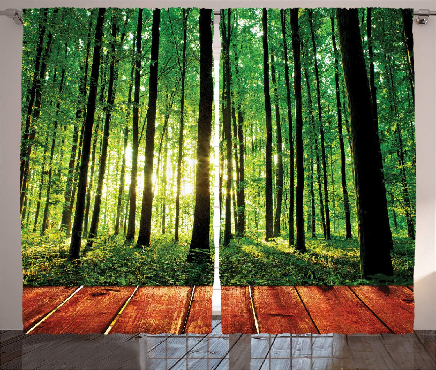 ABAKUHAUS Forest Curtains, Trees Forest Picture from Indoor Sun Rays as Background Wooden Floor Art Print, Living Room Bedroom Window Drapes 2 Panel Set, 280 x 175 cm, army green brown