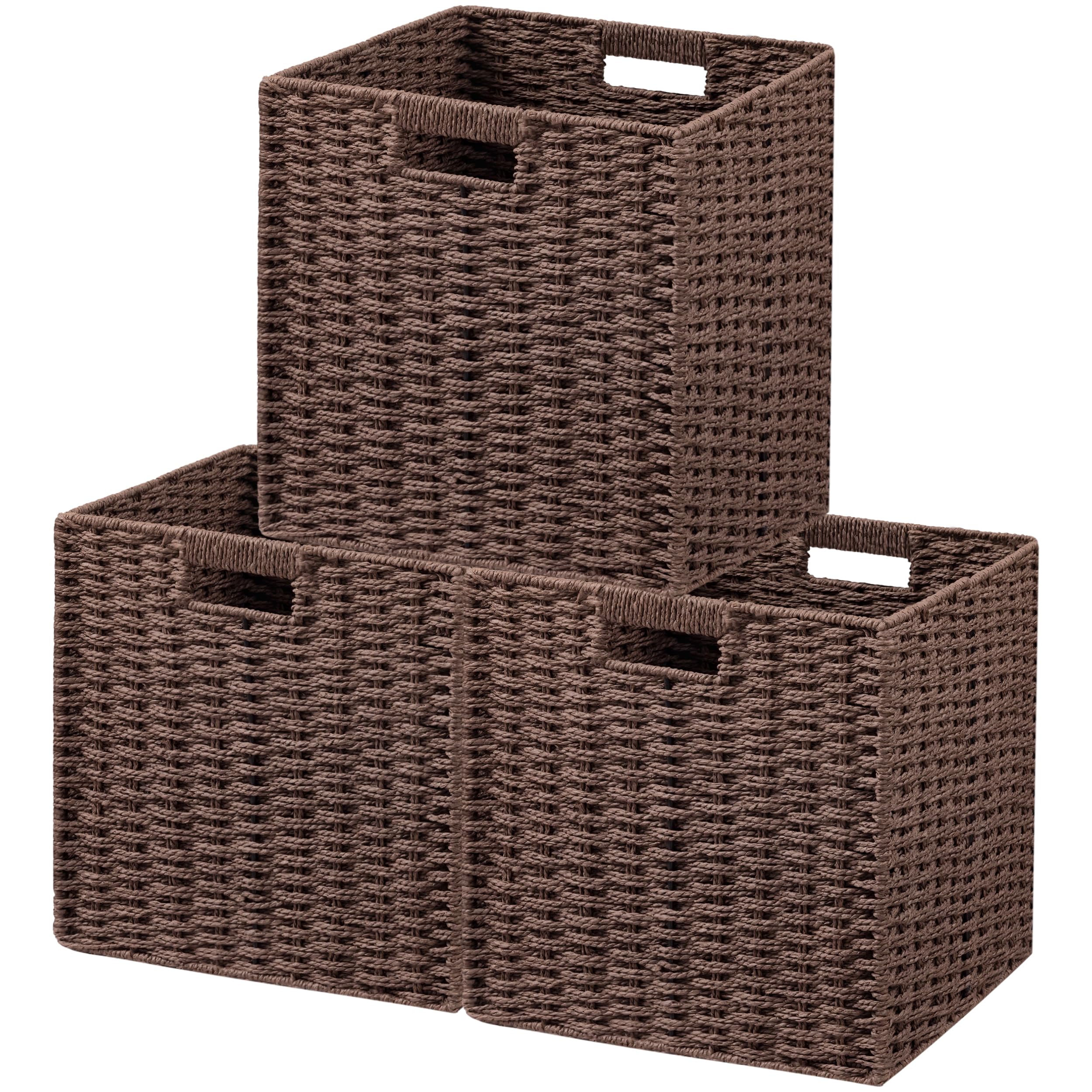 Photo 1 of UBBCARE 3 Pack Wicker Basket, 11L×11H×10.5W inch Woven Paper Rope Storage Baskets for shelves, Foldable Cube Storage bin with Handle, Storage Basket for Organizing & Decor, Brown