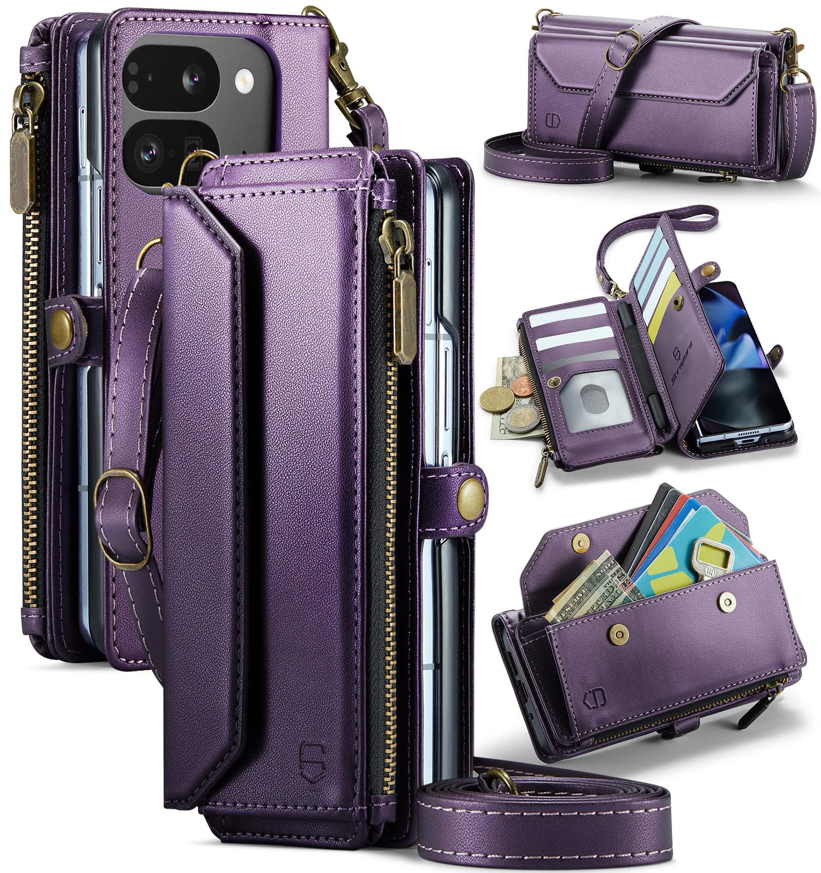 Photo 1 of Strapurs Crossbody Wallet Case Compatible with Google Pixel 9 Pro Fold RFID Blocking 10-Card Holder Soft PU Leather Magnetic Snap Shoulder Strap Zipper Phone Case Fit for Pixel 9 Pro Fold - Purple