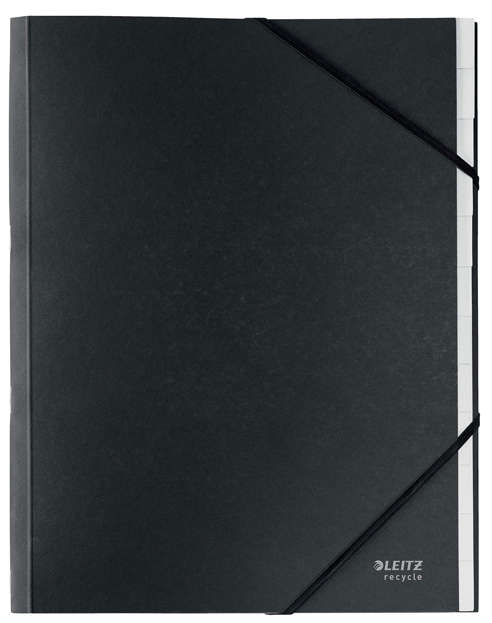 Leitz A4 Card Divider Book File, Integrated Index with 12 Compartments, Elastic Band Closure, 100% Recyclable, Eco Friendly, Recycle Range, 39150095, Black