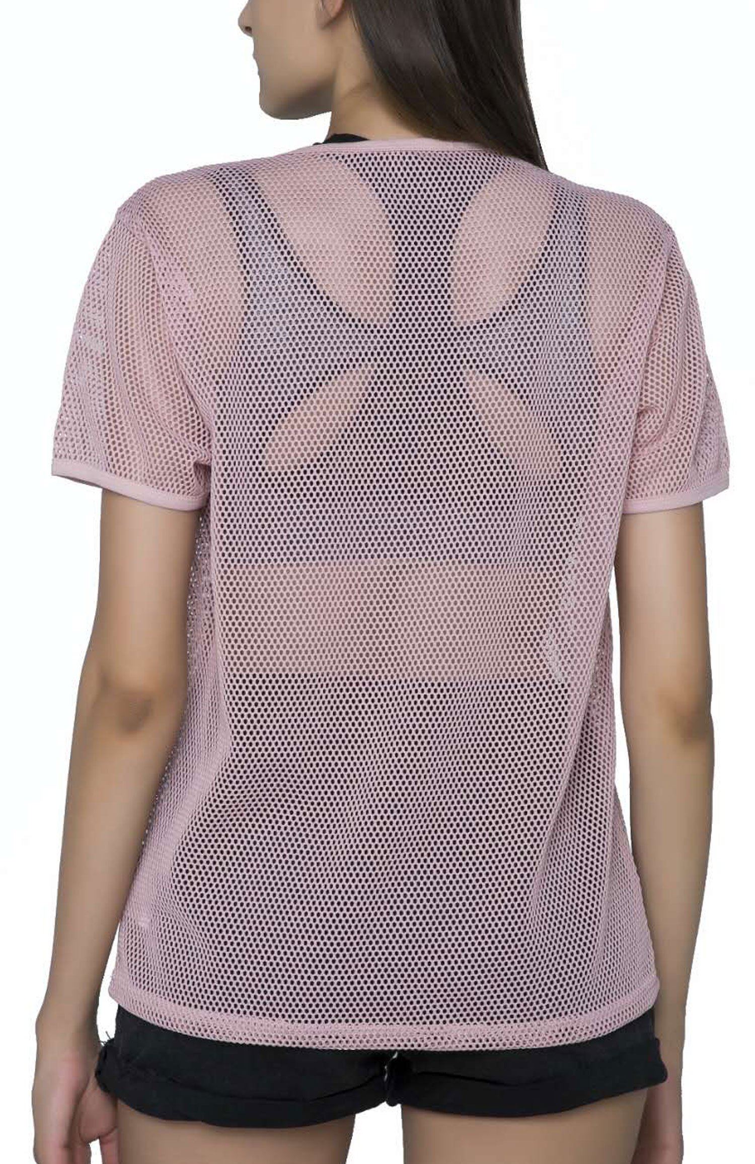 SPECIALMAGIC Fashion Short Sleeve See Through Sheer Mesh T Shirt Top Pink S