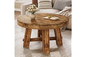 TRIBEWOOD 31.5-Inch Round Coffee Table, Solid Wood Center Table with Thickened Tabletop for Living Room, Apartment, Small Spa
