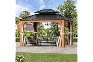 MODERN SHADE OUTDOOR LIVING SPACES Modern Shade Rosewood Wood Gazebo 10' x 12', Cedar Framed Grill Gazebo with Double Galvanized Steel Roof, Mosquito Netting and Curtains, Permanent Hardtop with Sturdy Hooks for Garden, Backyard, Patio