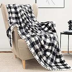 PAVILIA Black White Buffalo Plaid Throw Blanket Pom