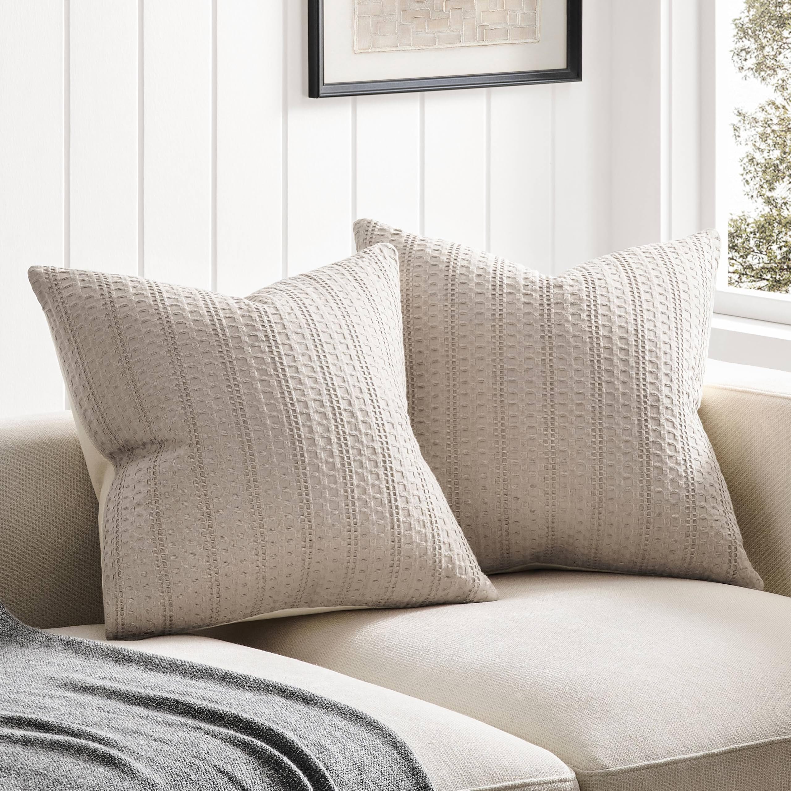 Photo 1 of ZeeMart 100% Cotton Waffle Textured Throw Pillow Covers Set of 2, 18x18 Inch Taupe, Soft Farmhouse Decorative Couch Pillow Cases Light Brown Cushion Covers for Sofa Bed Living Room Home Decor