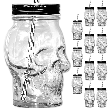 Unbekannt [ 12 Stück ] Trinkglas Cocktailglas Totenkopf 500ml mit Deckel und Strohhalm Becher aus Glas