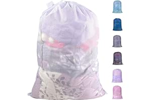 Polecasa Extra Heavy Duty Large Diamond Mesh Laundry Bags with Drawstring Closure & ID Tag, 24 x 36 inches Washable Storage Bag, Laundry Accessory for Hamper, College, Travel, Sports, Dorms, White