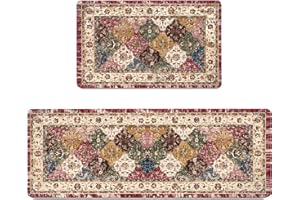 chiinvent Boho Non Slip Waterproof Kitchen Rugs and Mats Set of 2 Farmhouse Vintage Kitchen Floor Mats Cushioned Anti Fatigue Ergonomic Comfort Standing Kitchen Runner Rugs 17.3''x28''+17.3''x47''