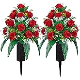 DONODA 2 Sets of Artificial Cemetery Flowers, Outdoor Grave Decorations Roses,Accompanied by 2 Long Nail Vases,Lasting and Non-Bleed Colors. (18 Heads (red))