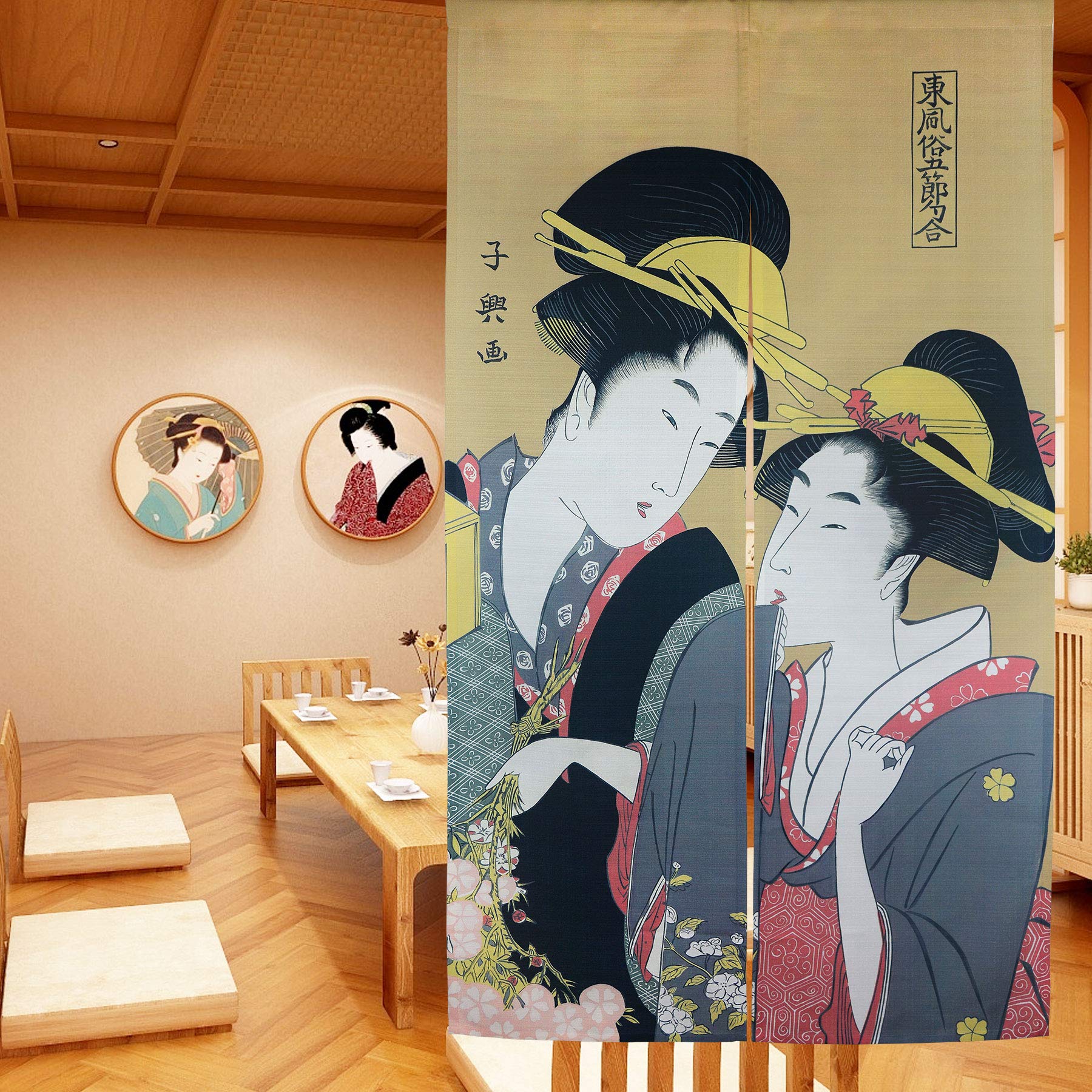 LIGICKY Noren Japanese Style Doorway Curtain Ukiyoe Geisha Girls Painting Long Type Door Tapestry Asian Window Treatment for Home Sushi Kitchen Decoration 33.5 x 59 inch