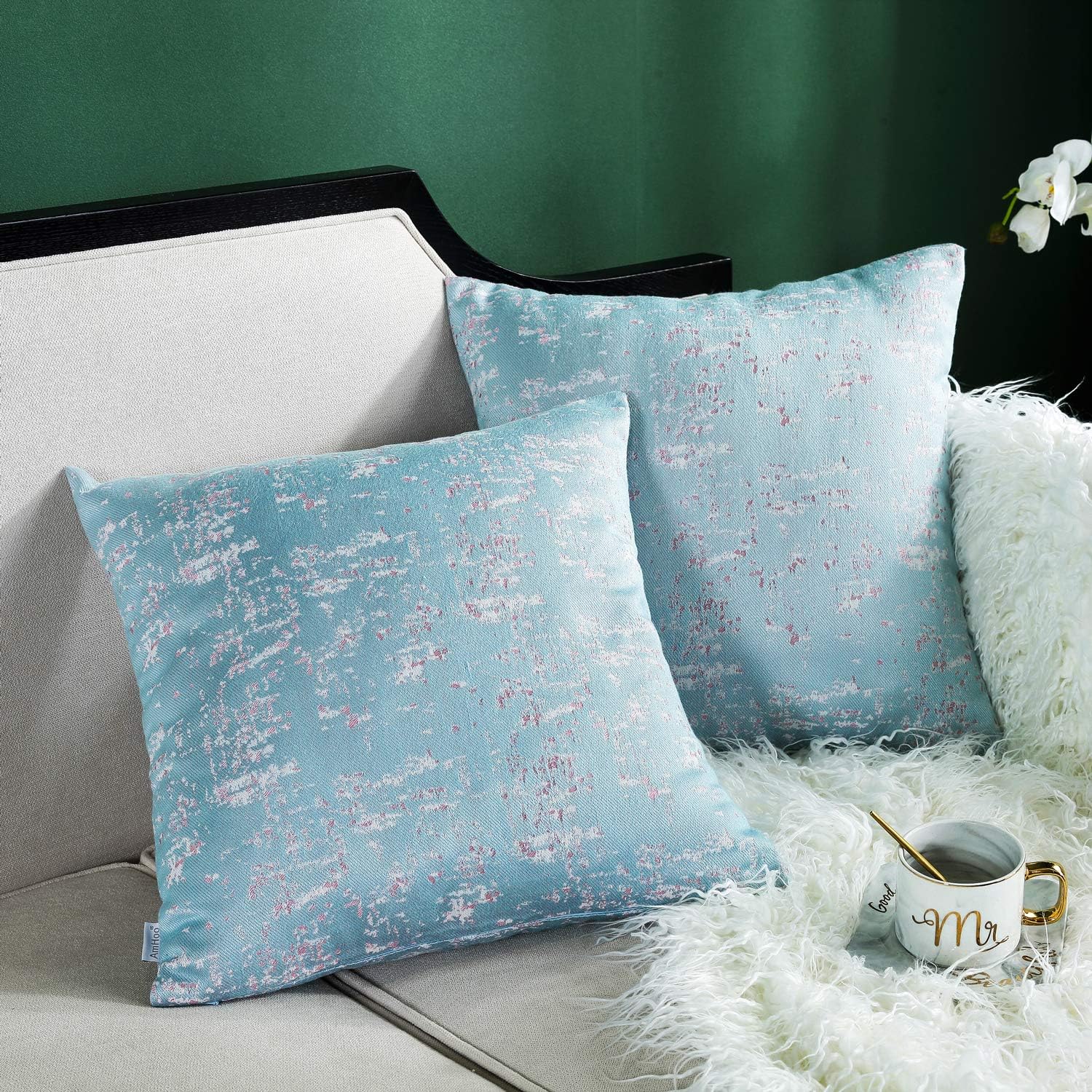 AmHoo Abstract Textured Art Cotton Blend Throw Pillow Covers Double-Sided Jacquard Pillowcase Home Decorative Cushion Cover for Couch Sofa, 2 Pieces, 20x20 inches,Sky Blue