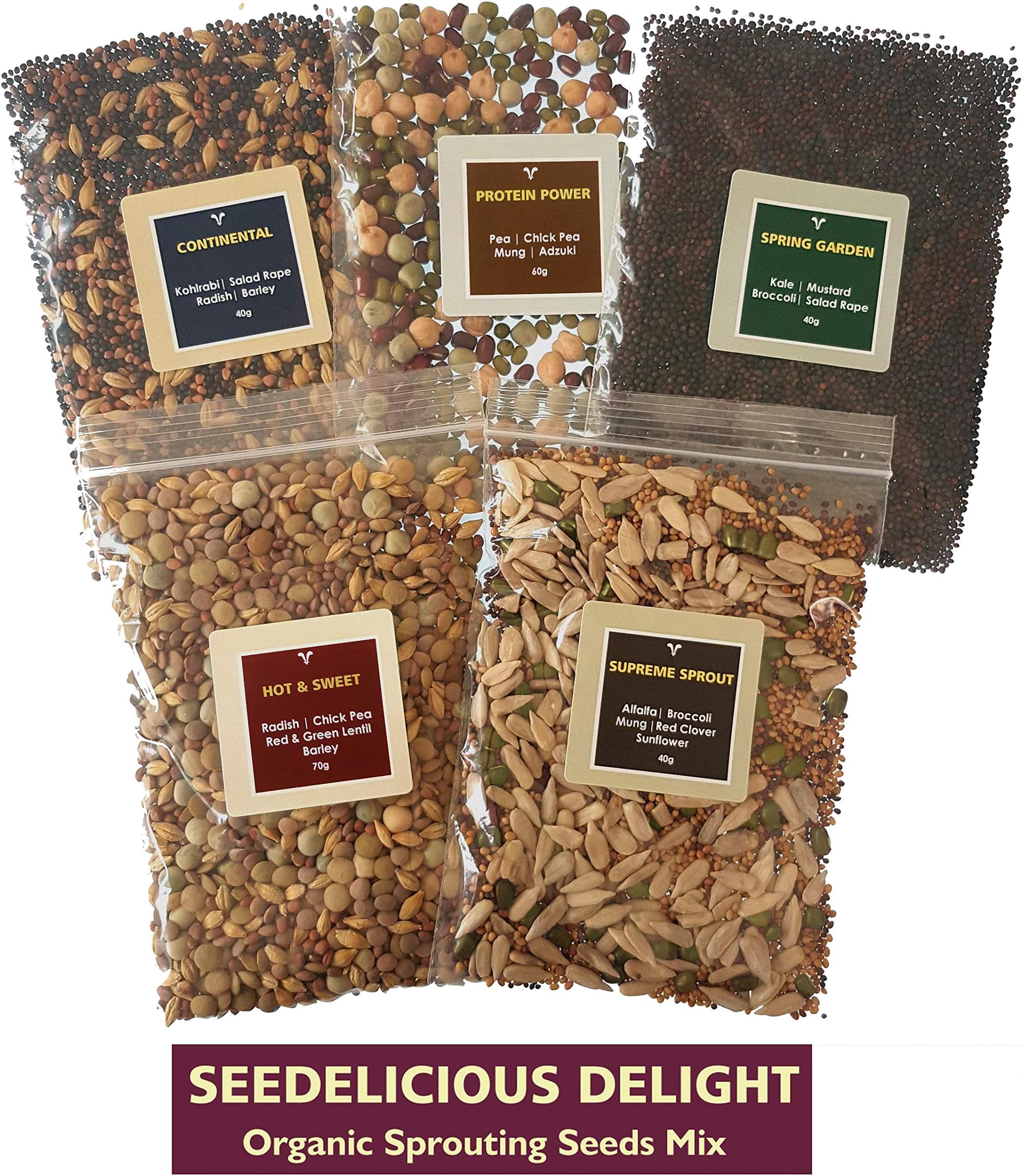 Organic Sprouting Seeds Mix – SEEDELICIOUS Delight (5 Assorted Sample Packs) 250g | Healthy Superfood in Convenient Packs | Over 15 Vegetable Seeds - Legumes - Grains Varieties | Easy to Sprout
