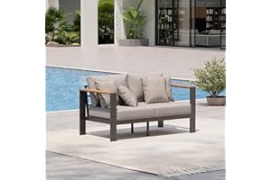 Oasbira Aluminum Outdoor Patio Furniture Loveseat, All-Weather Outdoor Patio Sofa with Washable Thick Cushion, Patio Sofa Couch for Porch, Balcony, Deck, Yard, Gray
