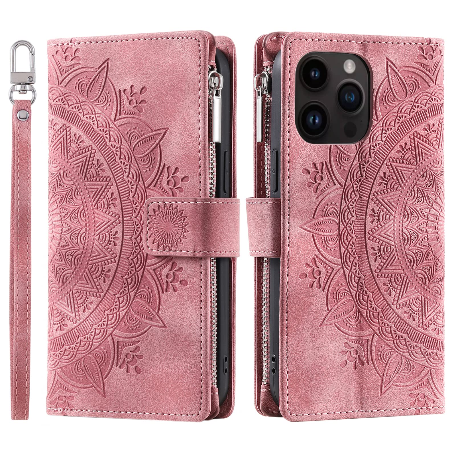 VEEMOS Wallet Case for iPhone 13 Pro Max Flower Flip Case Protective Leather Folio Book Phone Cover with Card Slots Kickstand Zipper Pocket - Pink