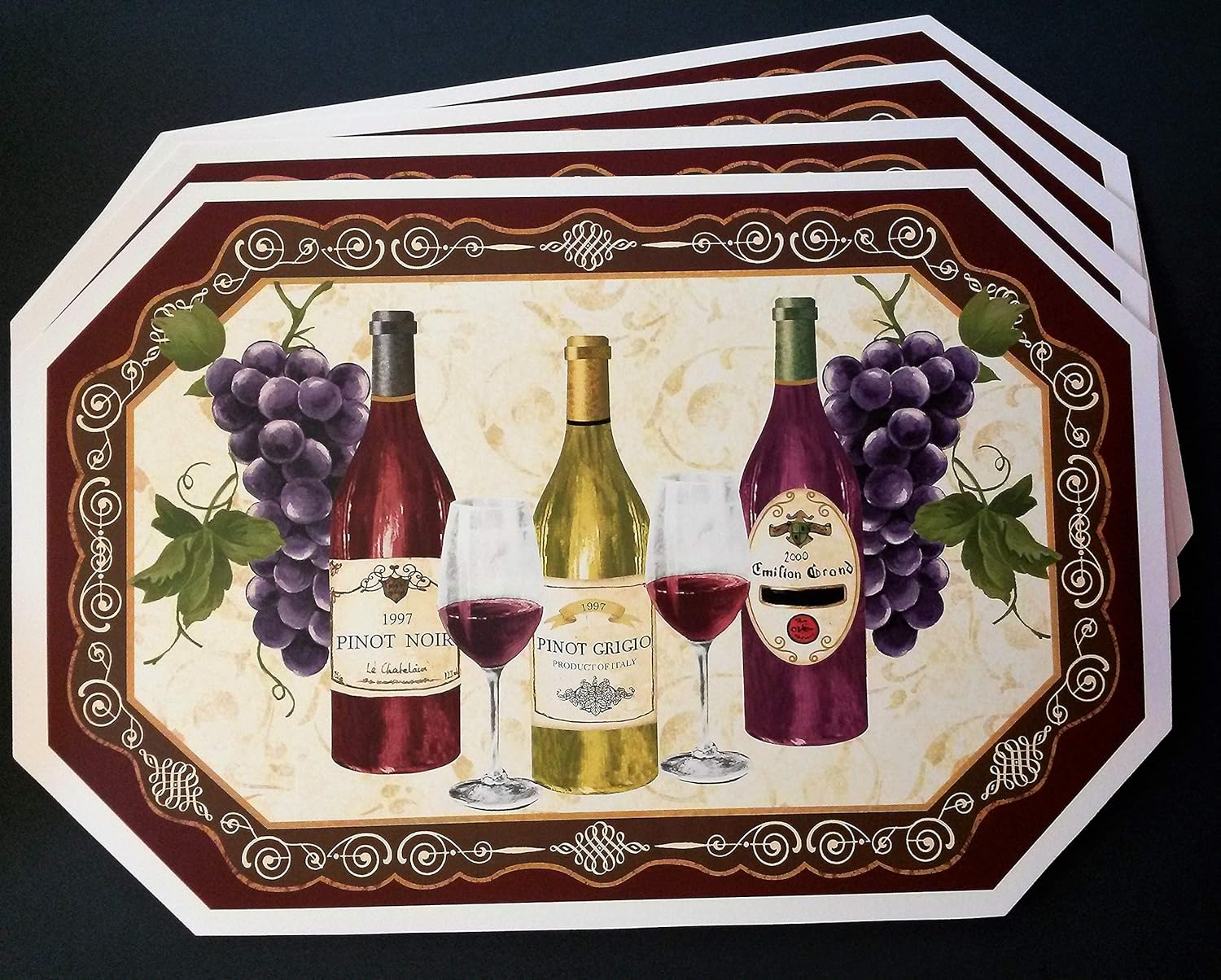 Wine Design PLACEMATS Set of 4 Vinyl Wine Bottles Grapes