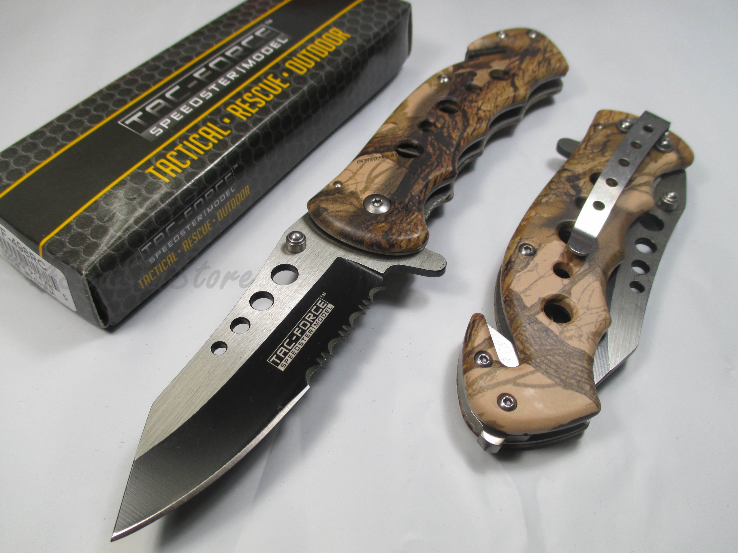 Cuchillo de hoja de acero inoxidable plegable de bolsillo táctico de rescate con apertura asistida por resorte para supervivencia al aire libre Camping caza - Camo marrón
